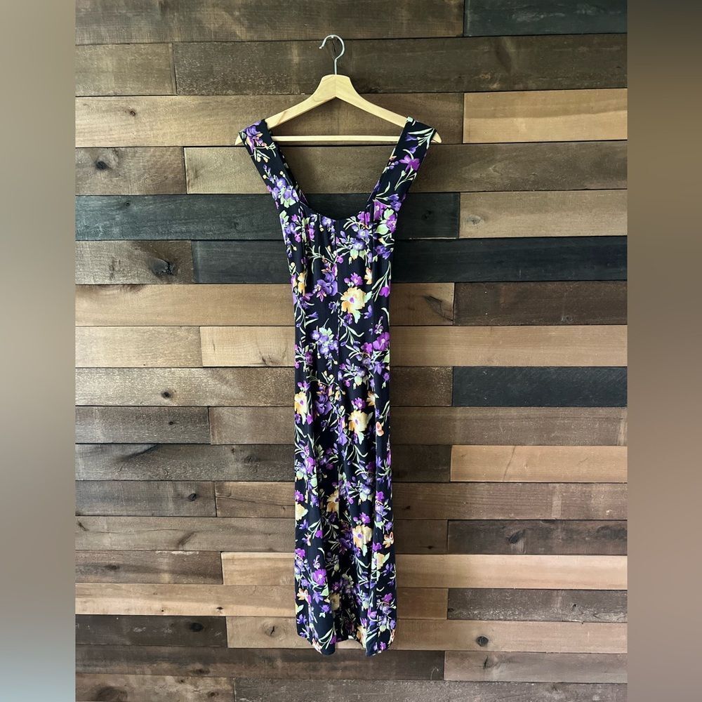 Vintage 80s All That Jazz Black Floral Midi Dress Crisscross Back Size 7/8 - Picture 2 of 16